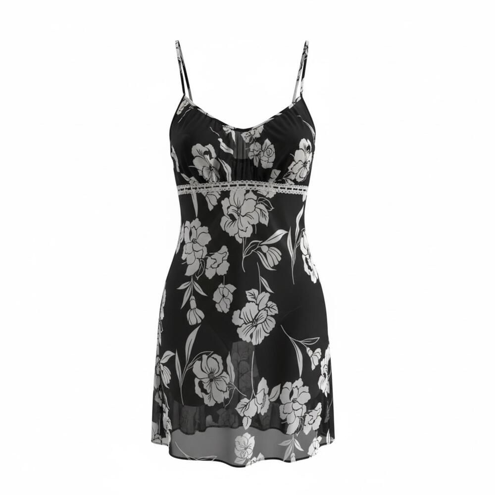 Black Floral Sheer Slip Lingerie Y2K Inspired Satin Ribbon Side Slit